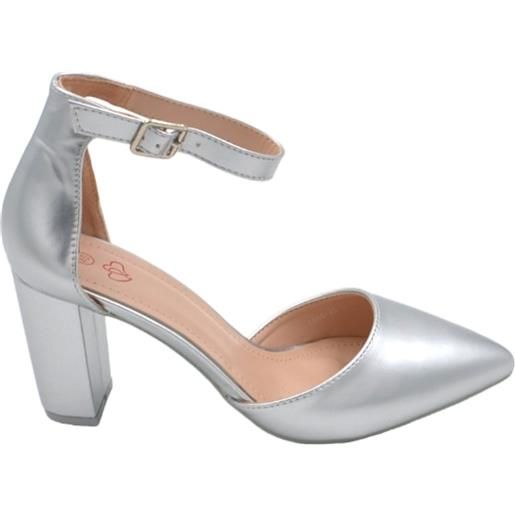 Malu Shoes scarpa decollete' donna a punta maryjane argento con tacco largo 8cm e cinturino alla caviglia stabile comodo