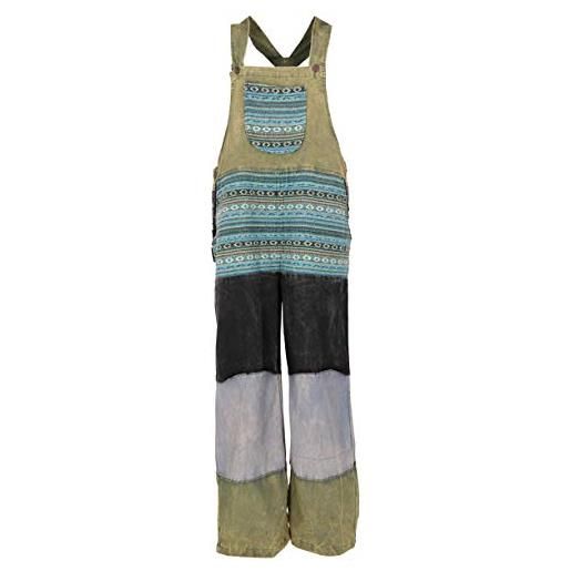 GURU SHOP, salopette patchwork, stile giapponese, pantaloni boho, verde oliva, cotone, dimensione indumenti: s/m (38), pantaloni lunghi