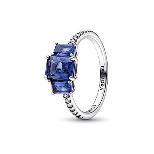 Pandora timeless anello blue rettangolare con tre pietre scintillanti con cristallo blu principessa e zirconia cubica trasparente, 60