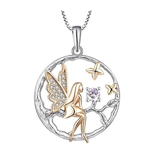 FJ collana angelo donna argento 925 collana con ciondolo elfo fata farfalla collana albero della vita collana giugno pietra portafortuna alessandrite gioielli regalo per donna