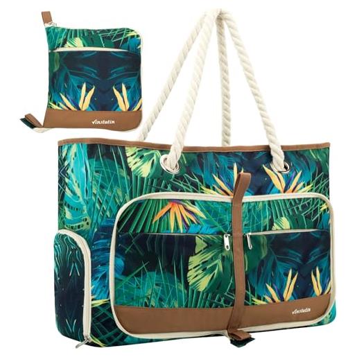 Vinstatin borsa da spiaggia donna grande, shopper leggera e versatile con cerniera, borsa impermeabile per nuoto, borsa da trasporto, borsa tote per spiaggia, viaggi e famiglia