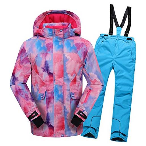 SXSHUN ragazza/ragazzo tuta da sci 2 pezzi giacca impermeabile in pile soft shell pantaloni da neve sport invernali, rosa bambina +blu reale, 11-12 anni (158/164)