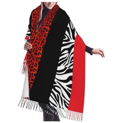 KONGNY sciarpa con frange da donna con motivo leopardo rosso e zebra animali grandi scialli morbidi in cashmere avvolgenti stola leggera 196x68 cm
