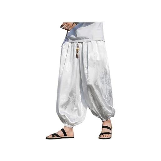 Uplateng pantaloni da uomo giapponesi pantaloni larghi con motivo a drago pantaloni in raso liscio pantaloni comodi da spiaggia taiji hip hop streetwear 5xl (white, xl)