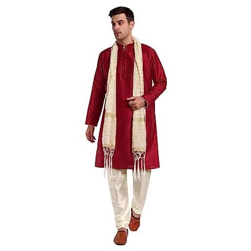 SKAVIJ set di abiti etnici indiani in seta artistica da uomo kurta, pigiama e sciarpa (rosso, large)