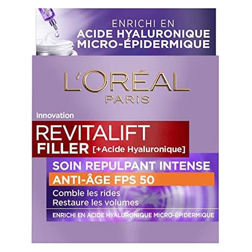L'Oréal Paris - trattamento repellente intenso anti-aging fps 50 - crema giorno con acido ialuronico con protezione uv - rughe & righe - per tutti i tipi di pelle - revitalift filler - 50 ml