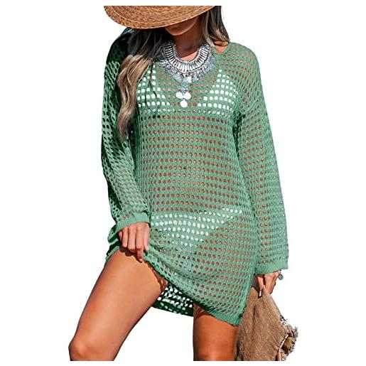 CUPSHE donne crochet knit swim beach cover up scoop neck manica lunga boho tunica top beachwear, verde, l