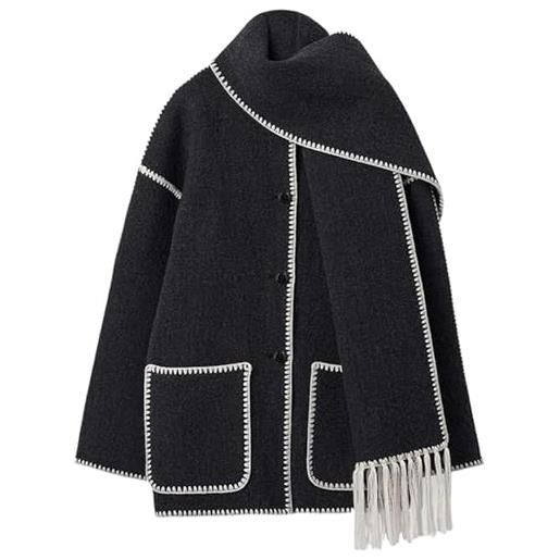BoQari cappotto da donna con sciarpa, cappotti invernali di lana autunnali sciarpa con nappe rimovibile giacca oversize senza colletto con bottoni, nero e bianco, m