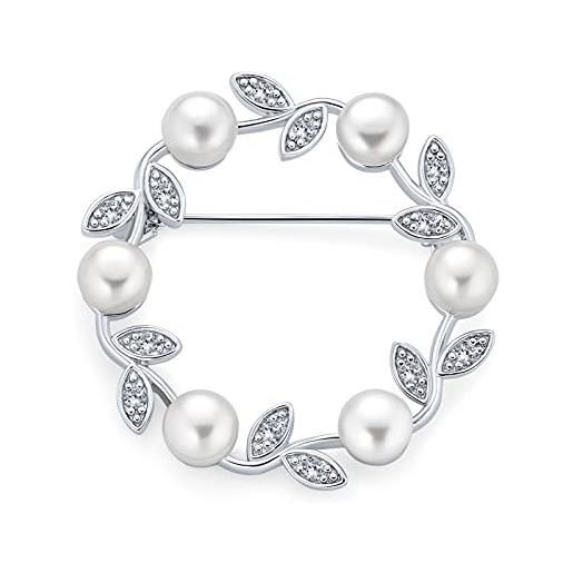 Bling Jewelry elegante classico bianco d'acqua dolce coltivata perla cerchio foglia spilla pin per donne matrimonio. 925 argento