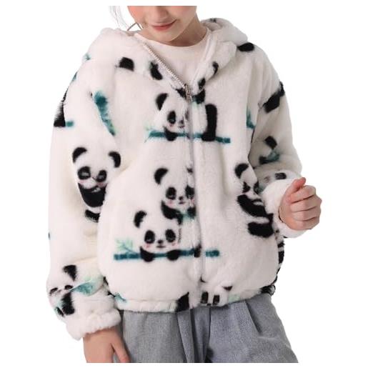 SEAUR giacca morbida da ragazza, in pile teddy, con cappuccio, per bambini, in peluche, super morbida, motivo animale, 130/150, motivo panda, 150 cm