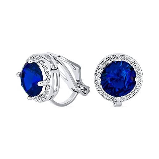 Bling Jewelry 2ct blu taglio brillante solitario rotondo cubic zirconia cz halo clip on stud orecchini simulato zaffiro argento placcato ottone