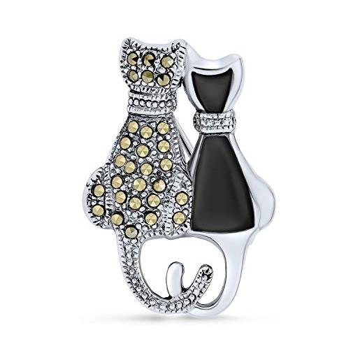 Bling Jewelry gatto carino seduto su spilla da donna in marcasite bianco e nero. Argento sterling. 925 con onice nera. 