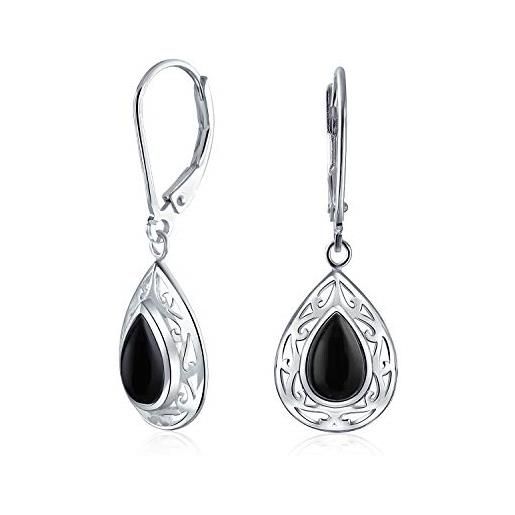 Bling Jewelry stile occidentale onice nero a forma di pera con leva posteriore scroll filigrana teardrop orecchini pendenti per le donne. 925 sterling silver