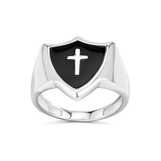 Bling Jewelry anello personalizzabile unisex con incastonato l'onice nero simbolo religioso cristiano a forma di scudo con croce realizzato in argento sterling. 925 per donne uomini e adolescenti
