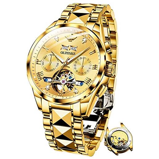 OLEVS oupinke orologio automatico di marca svizzera per gli uomini auto winding tourbillon meccanico business lusso impermeabile luminoso cristallo di zaffiro, cinturino oro oro viso, bracciale