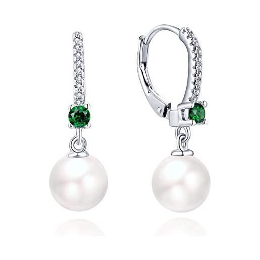 JO WISDOM orecchini perle argento 925 donna con 8mm perle 3a zirconia cubica può birthstone colore smeraldo