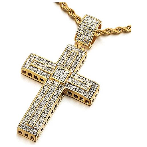 COOLSTEELANDBEYOND grande oro collana con pendente croce con zirconi, uomo donna ciondolo croce, acciaio inossidabile, catena corda 75cm