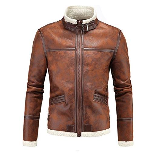 Muzboo, giacca da uomo in pelle sintetica di shearling camoscio con colletto in cavalletto, giacca da moto marrone - marrone - l