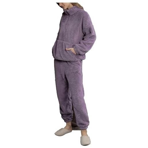 HanDucks pigiama da donna in flanella, set da 2 pezzi, in flanella, con top lungo e pantaloni per l'inverno, collo alto viola, xl