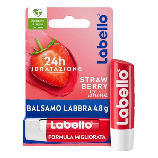 Labello strawberry shine burrocacao labbra 4.8 g, balsamo labbra colorato e nutriente all'aroma di fragola, lip balm idratante per 24 ore con ingredienti naturali