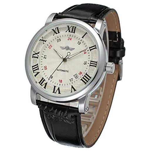 Cyllde orologio meccanico completamente automatico, orologio da uomo con cinturino in pelle pu(lettere nere)