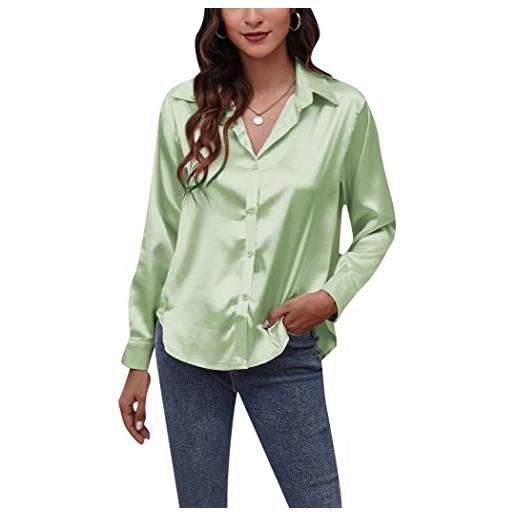 OMZIN donna casual tops collo a v tunica tinta unita manica lunga button down camicie vintage top verde chiaro m
