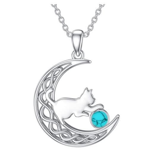 LONAGO collana gatto 925 sterline d'argento creata turchese con il gatto in luna ciondolo collana gioielli per le donne