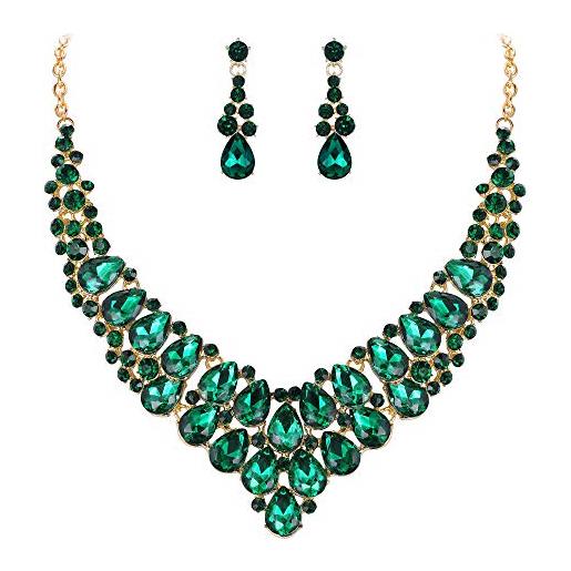 EVER FAITH parure gioielli donna rhinestone cristallo nozze v forma a goccia nuziale collana orecchini set verde oro-fondo