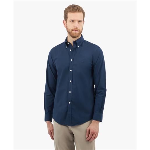 Brooks Brothers camicia regular fit in cotone elasticizzato blu non-iron con colletto button-down