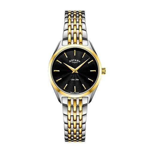 Rotary orologio quarzo donna, misura cassa 27.00mm con quadrante nero analogico e cinturino two-tone gold in cinturino in metallo lb08011/04