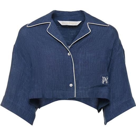 PALM ANGELS camicia cropped monogram in lino