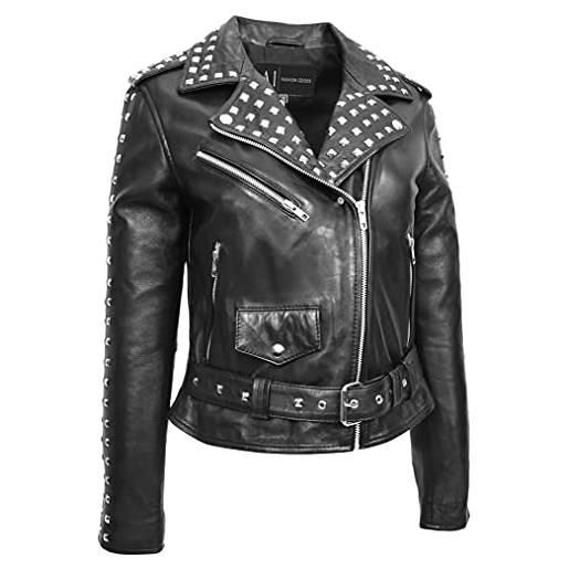 A1 FASHION GOODS giacca da motociclista da donna in pelle nera con dettaglio borchiato, stile motociclista - stella, nero , 12