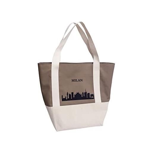 NEW HOPE borsa shopper bicolore moderna con scritta milan, donna, bianco/marrone