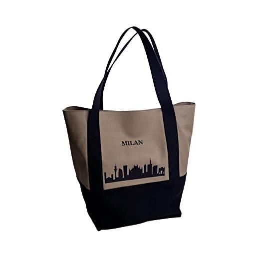 NEW HOPE borsa shopper bicolore moderna con scritta milan, donna, bianco/marrone