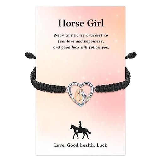 J.Endéar bracciale cavallo regalo per donne ragazze, argento sterling 925 cuore cavallo bracciale, intrecciato corda nera bracciale fatto a mano, gioielli per amanti cavalli