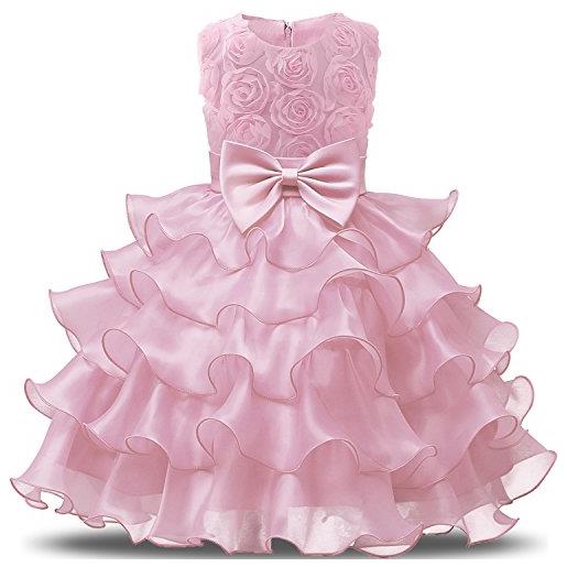 NNJXD vestito da ragazza festa in pizzo per bambini abiti da sposa taglia(140) 6-7 anni fiore rosa