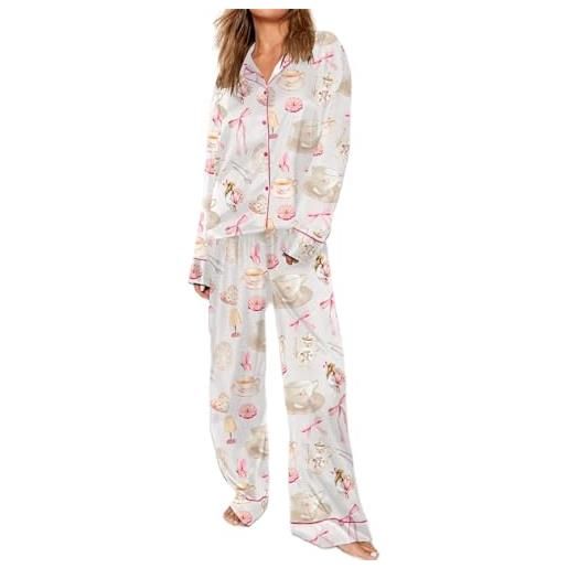 Merfrede pigiama da donna in raso di seta y2k stampato a maniche lunghe con bottoni e pantaloni a gamba larga, set da 2 pezzi, a coppe rosa, l