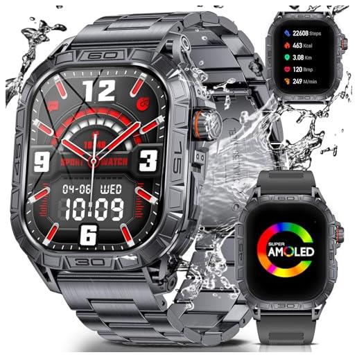 ESFOE smartwatch uomo(2 cinturini), 1,96" amoled orologio smartwatch militare, 100+ modalità sport ip68 impermeabile 380mah notifiche whatsapp cardiofrequenzimetro contapassi fitness tracker android ios