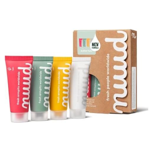Nuud family pack | 4 x 20ml | risparmio | deodorante crema vegano naturale, efficace per 3 giorni, senza profumo, alluminio e alcol, donne e uomini, dura 10 mesi, dermatologicamente approvato