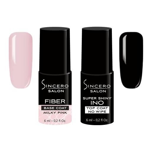 Sincero Salon- fiber base semipermanente unghie milky pink e top coat gel super shiny ino - kit semipermanente unghie - smalto rinforzante unghie - gel unghie - set smalti semipermanenti