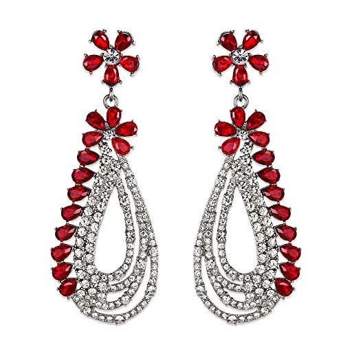 EVER FAITH donna cristalli di strass fiore ovale cerchio goccia dangle orecchini chandelier per donne rosso argento-basso