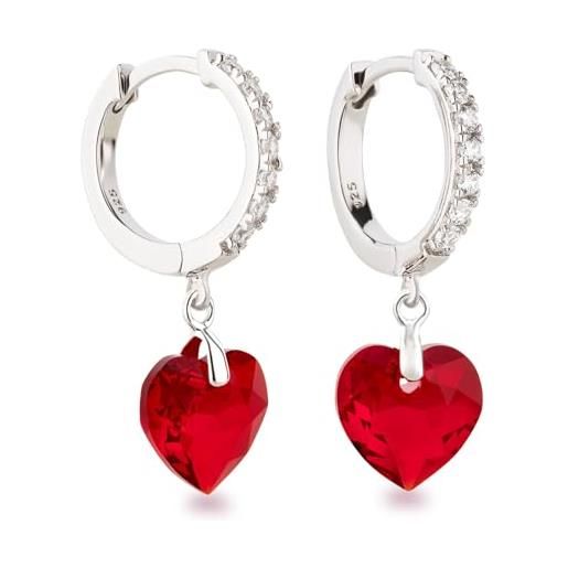 Schöner-SD orecchini pendenti a forma di cuore con orecchini a cerchio in argento 925 e cristallo a cuore, argento