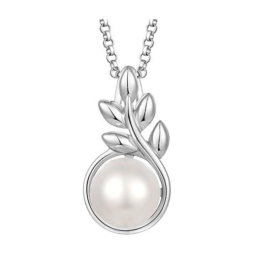 JO WISDOM collana di perle d'acqua dolce da 7mm argento 925 donna, ciondolo con catena foglia zirconia cubica 3a