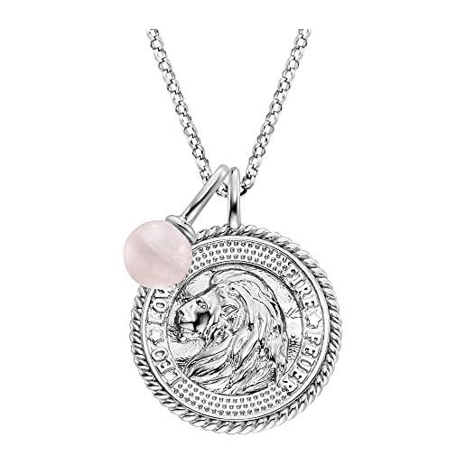 Engelsrufer collana da donna in argento sterling e ciondolo con segno zodiacale leone, con 4 zirconi e un ciondolo in pietra di quarzo rosa, lunghezza: 50 cm, 42 cm, argento sterling, nessuna pietra