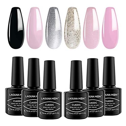 Lagunamoon set di 6 smalti in gel per unghie rosa e nero glitterato, colori per unghie, 6 pezzi, gel per manicure, salone, kit di avviamento soak off, led uv da 8 ml, ogni bottiglia