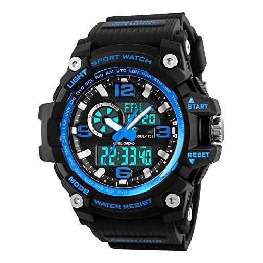 Yapeach orologio sportivo Yapeach analogico digitale da uomo 50 m impermeabile militare schermo led grande viso cronometro allarme, nero/blu. 