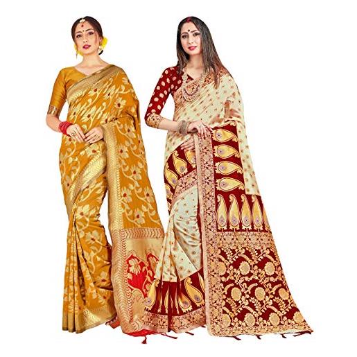 Elina fashion confezione da due sari da donna banarasi art seta indiano matrimonio sari | diwali regalo etnico tessuto sari combo, combo 4, taglia unica