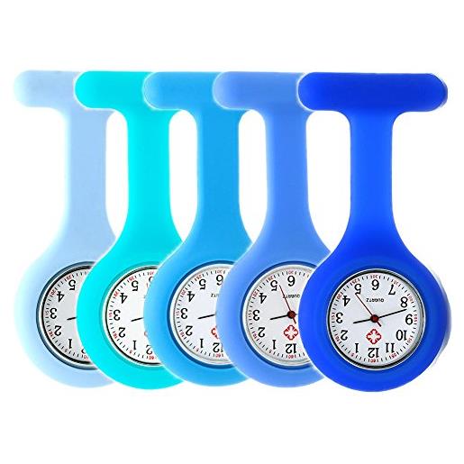 SibyTech set di 5 spille per orologio da infermiera, silicone con spilla/clip, design per il controllo delle infezioni, fob watch polso con spilla medica infermiere medico, dal bianco al blu