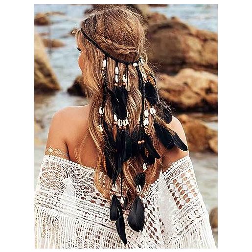Zoestar fascia per capelli vintage con piume bohémien, stile hippie, indiano, festival, tribale, accessorio per capelli per donne e ragazze