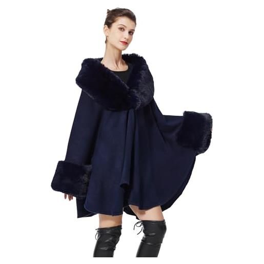 BEAUTELICATE scialle in pelliccia sintetica finta a maglia cappotto donna stola con grande collo di pelliccia cardigan per festa invernale natale (collo di pelliccia aggiornato - blu scuro)